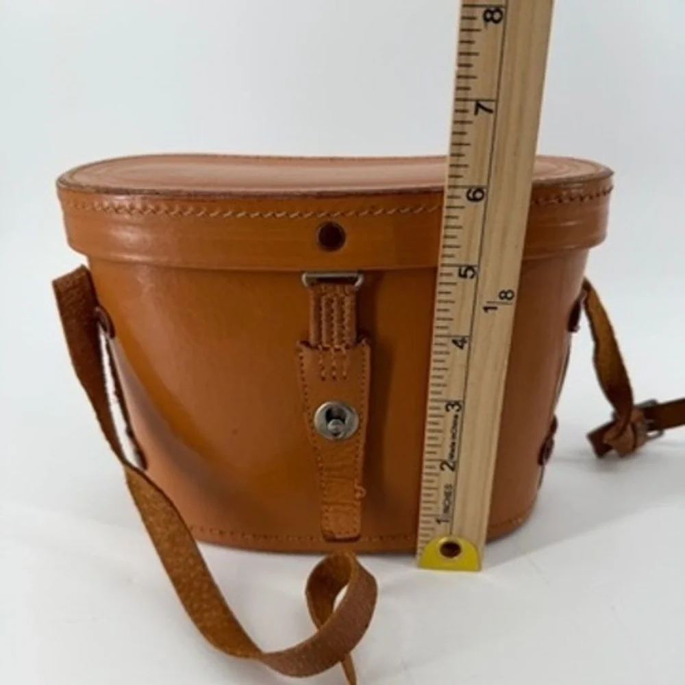 Vintage Tan Leather Hard Shell Binocular Case Purple Velvet Lined Crossbody Bag
